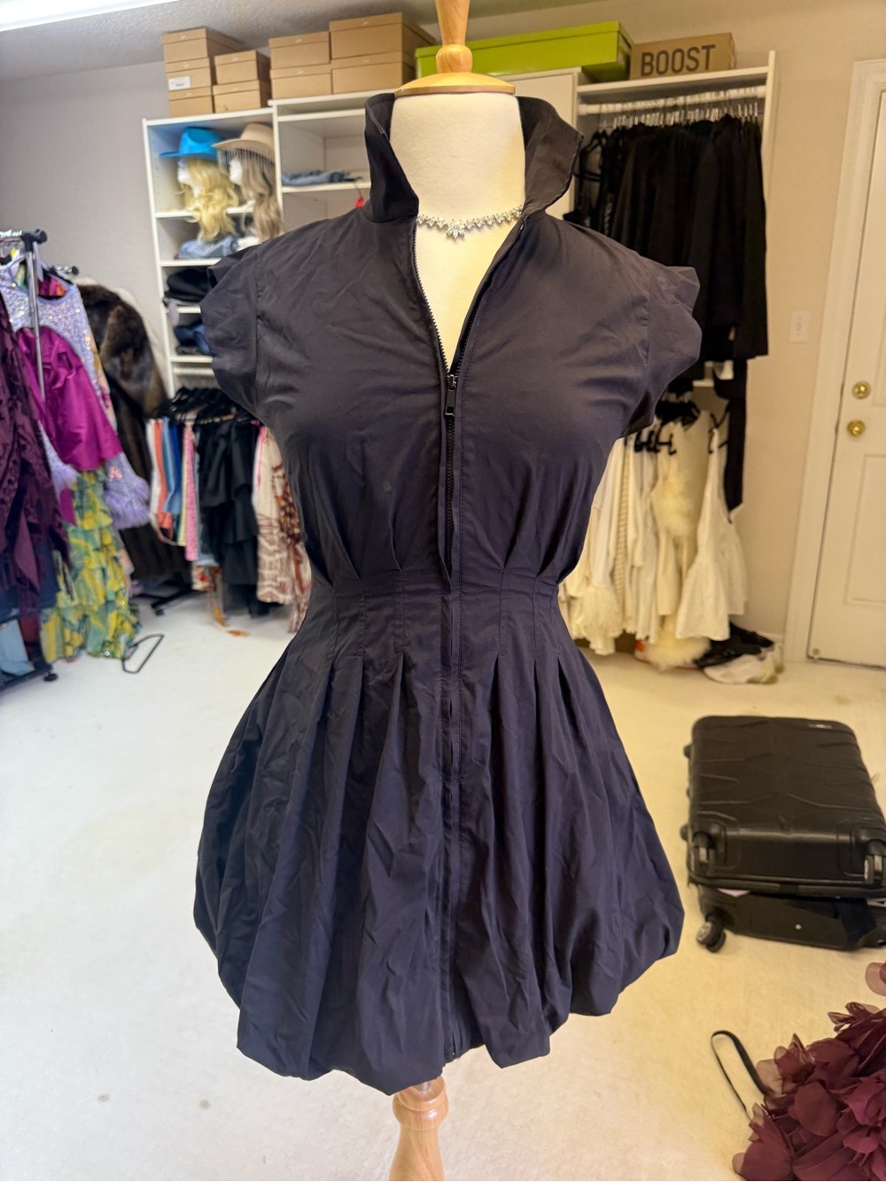 Steve Madden black Short-Sleeve Zip-Front Mini Dress